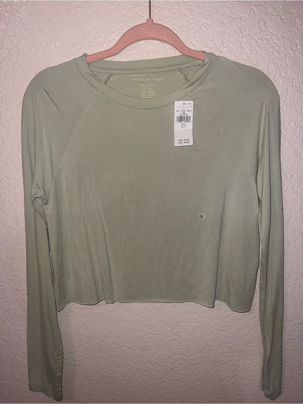 NWT American Eagle Outfitters Light Sage Green Long-Sleeve Cropped Top